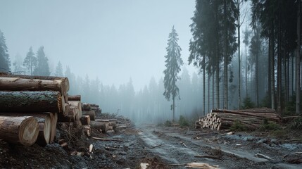 Logging site in a Northern European pine forest with fallen trees and timber piles