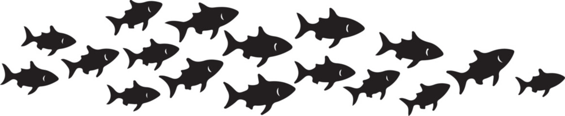 A silhouette vector illustration of a shark and other sea animals swimming in the ocean, with a set of grass silhouettes on the horizon