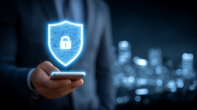 Businessman holding phone with digital shield and lock icon with protecting data in city. - Powered by Adobe