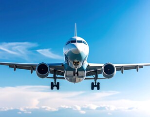 Fototapeta premium Airplane descending through a bright blue sky with wispy clouds