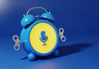 3D alarm clock with microphone icon for podcasting and broadcast concept