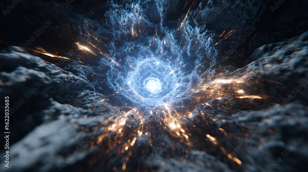 Poster abstract blue energy explosion with bright light and sparks in a dark space, creating a cosmic and d