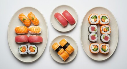 Top-down view of sushi set on ceramic plates, minimalist style