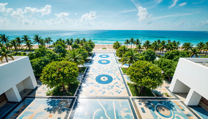 "Scenic Palm-Lined Beach Promenade with Colorful Tiles at a Modern Seaside Resort"