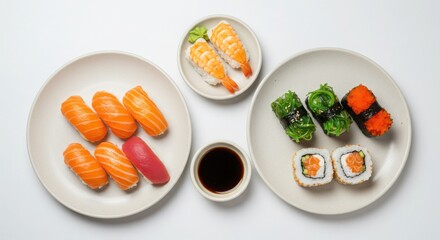 Top-down view of sushi set on ceramic plates, minimalist style