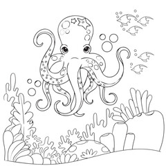Cute octopus coloring book for kids. Underwater ocean coloring pages for kids with black pen. Vector printable worksheets for preschoolers.
