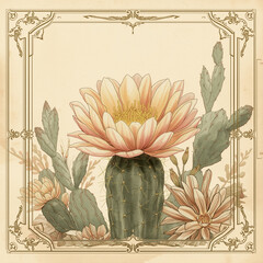 Ai generate A vintage style card illustration featuring a beautifully detailed cactus flower in full bloom, with delicate petals rendered in soft gradients of pink, yellow, and cream
