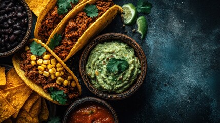 Assorted tacos with guacamole and toppings