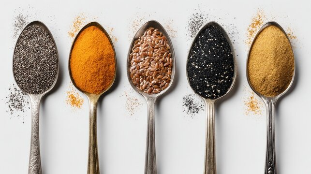 Five spoons filled with various healthy superfoods