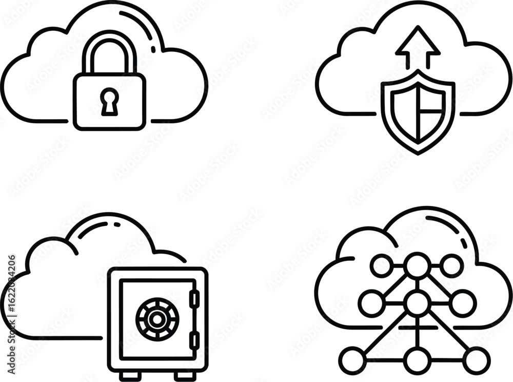 Poster vector art of cloud computing security line icons set contains such icons as cloud padlock, cloud sh