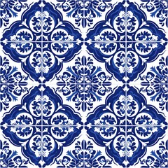 Detailed repeating blue and white floral tile pattern, symmetrical design