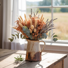 Rustic pitcher filled with dried autumn flowers by a sunny window