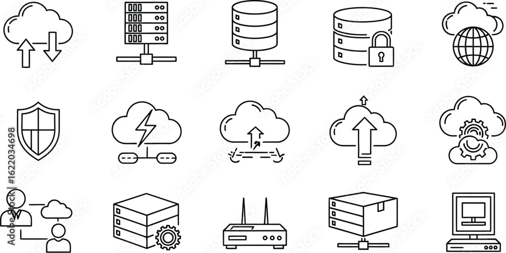 Poster vector art of cloud computing and network line icons set contains such icons as cloud server, cloud 
