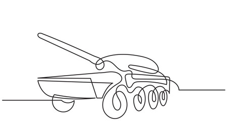 continuous line drawing of a military tank with wheels and a long barrel, created in continuous black stroke style.Minimalist one-line design is simple yet expressive, vector illustration.