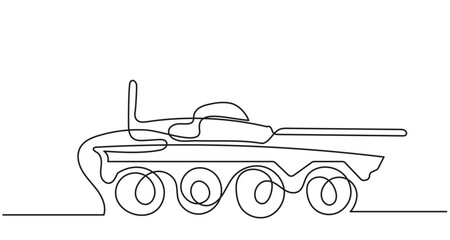 continuous line drawing of a military tank with wheels and a long barrel, created in continuous black stroke style.Minimalist one-line design is simple yet expressive, vector illustration.