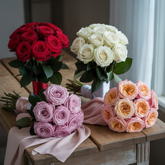 Four beautiful bouquets of roses in various colors arranged on a table