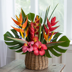 Vibrant tropical flower arrangement in woven basket