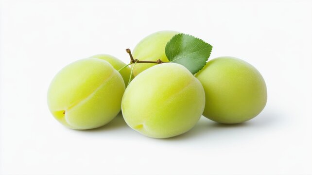 Fresh Green Plums with Leaf on White Background plums fresh leaf green plums plum ume fruit unripe