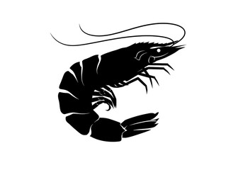 A monochrome silhouette of a shrimp with long antennae on a white background art