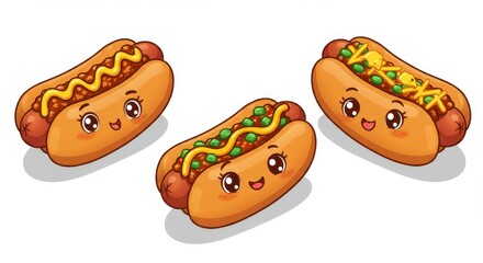 Cute Cartoon Hot Dogs - Three adorable cartoon hot dogs with various toppings, smiling cheerfully. Perfect for food blogs, menus, or children's content