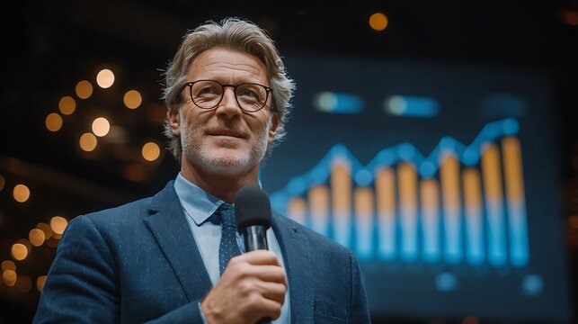 Confident Businessman Speaks at Conference with Presentation with Background Graph.