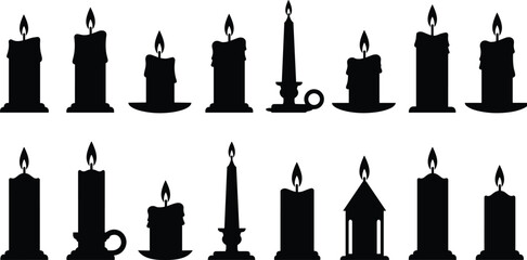 Black and white candle silhouettes set, burning candles, various shapes and holders, vintage and modern styles, vector isolated icons