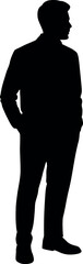Full body silhouette of a man in a suit standing with hands in pockets looking to the side