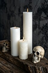 Collection of three white pillar candles with warm flames and skull decor on rustic wood background
