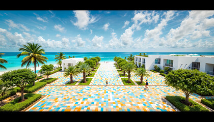 "Scenic Palm-Lined Beach Promenade with Colorful Tiles at a Modern Seaside Resort"