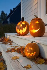 Carved jack o lanterns with glowing faces create a festive Halloween atmosphere on a porch during early evening in autumn