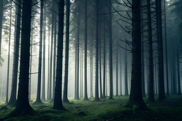 Dense forest shrouded in mist, showcasing tall trees with filtered light and green undergrowth at dawn