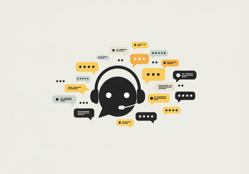 A black customer service icon with headset surrounded by various speech bubbles icons - Powered by Adobe