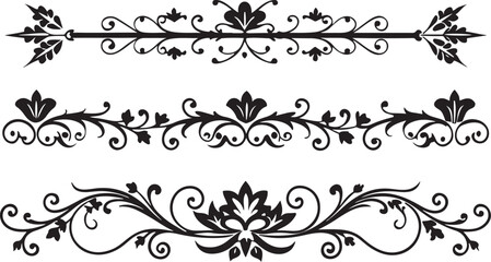 A vector set of vintage floral design elements for borders and decoration, including ornate scrolls and leaf silhouettes