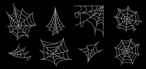 White spider web icon set isolated on black background. Vector illustration. Happy Halloween decoration. cute. Editable spiderweb stroke lines. Gothic mystical element