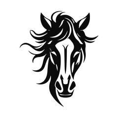Horse logo template. Black and white silhouette of a horse head with a graceful mane. Elegant minimalist logo for branding, design and printing