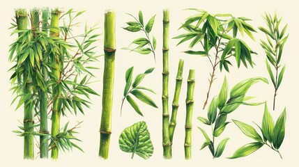 Obraz premium Collection of vibrant green bamboo stalks and foliage