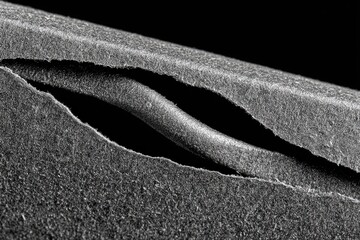 High-magnification SEM of a fractured material with a curved wire