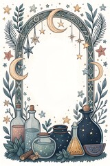 Enchanting witchcraft-themed frame adorned with potions, stars, and mystical elements in a magical layout