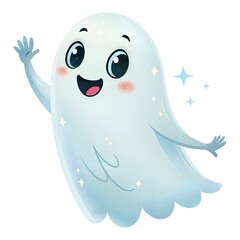 Cute cartoon ghost with a cheerful smile floating in a whimsical setting during a playful Halloween season