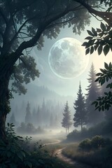 Foggy forest landscape under a full moon shining through the branches at night