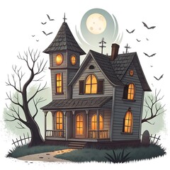 Haunted house illuminated by warm lights in windows with a full moon and flying bats set in an eerie landscape
