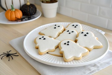 Gourmet ghost-shaped cookies arranged on a clean white plate with seasonal decorations