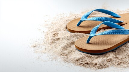 Flip-Flops on Sandy Shore: Capture the essence of relaxation with a pair of blue flip-flops resting on a bed of sun-kissed sand, evoking feelings of summer and leisurely beach days.