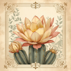 Ai generate A vintage style card illustration featuring a beautifully detailed cactus flower in full bloom, with delicate petals rendered in soft gradients of pink, yellow, and cream