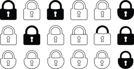 Black and white padlock icons, security symbol set, privacy design, locked and unlocked signs, vector flat illustration for websites