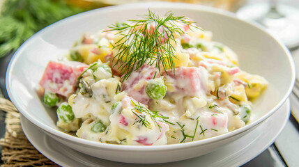 Salada cremosa com presunto, ervilhas e legumes coloridos