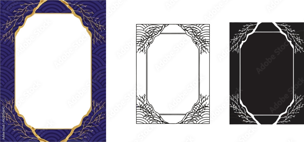 Poster Elegant japanese frame design with branches and wave patterns