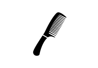 A black silhouette of a hair comb with a handle and teeth on a plain white background