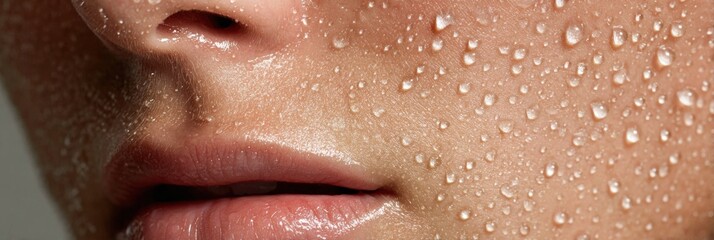 Fototapeta premium Purified Face Skin Close-Up With Water Droplets Showcasing Freshness and Hydration in a Minimalistic Style