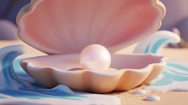 A precious and luminous pearl revealed inside an open seashell resting on a serene, sandy beach with soft ocean waves.